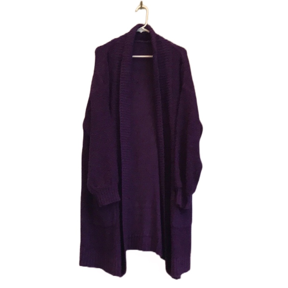 Long Oversized Purple Wool Cardigan with Pockets for Her Comfort in Large